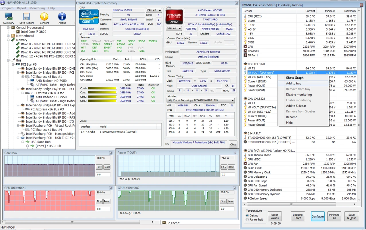 HWiNFO hardware inventory tree showing CPU, motherboard, memory and storage details